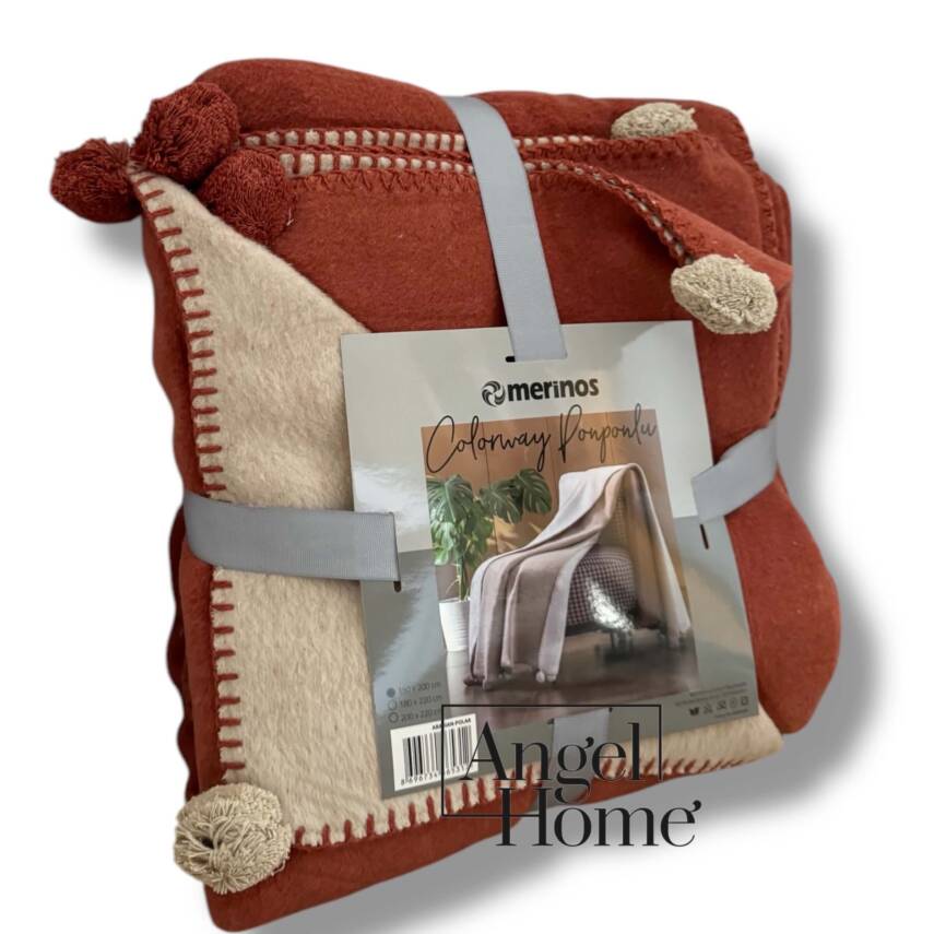 Tek Kişilik Merinos Ponponlu Battaniye – Çift Taraflı, 150x200 cm (Kiremit-Bej) - 3