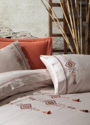 Tilbe %100 Pamuk Saten Nakışlı Çift Kişilik Nevresim Takımı - Bej-Kiremit - 2