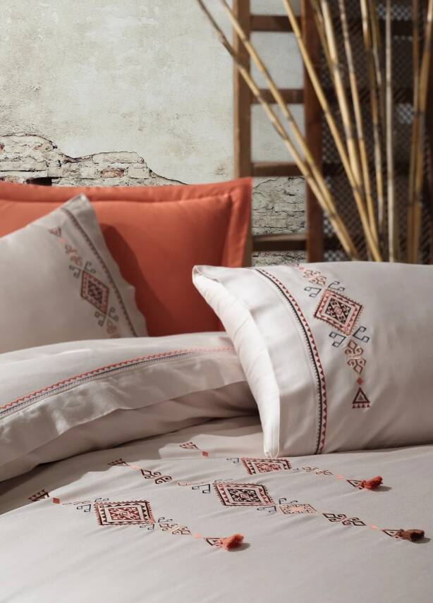 Tilbe %100 Pamuk Saten Nakışlı Çift Kişilik Nevresim Takımı - Bej-Kiremit - 2