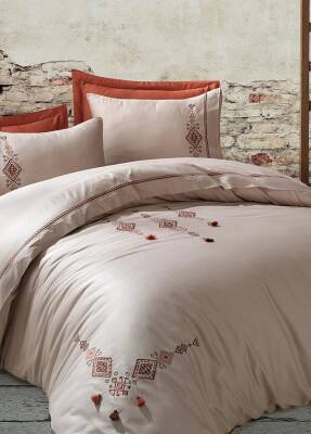 Tilbe %100 Pamuk Saten Nakışlı Çift Kişilik Nevresim Takımı - Bej-Kiremit - Dantela