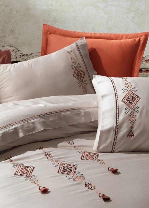 Tilbe %100 Pamuk Saten Nakışlı Çift Kişilik Nevresim Takımı - Bej-Kiremit - 3