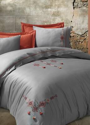 Tilbe %100 Pamuk Saten Nakışlı Çift Kişilik Nevresim Takımı - Gri-Kiremit - Dantela