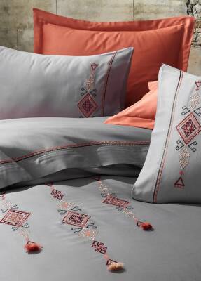 Tilbe %100 Pamuk Saten Nakışlı Çift Kişilik Nevresim Takımı - Gri-Kiremit - 3