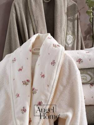 Vanessa 6 Parça %100 Pamuk Nakışlı Bornoz Seti - Krem/Bej - 2