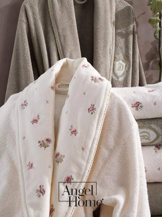 Vanessa 6 Parça %100 Pamuk Nakışlı Bornoz Seti - Krem/Bej - 2