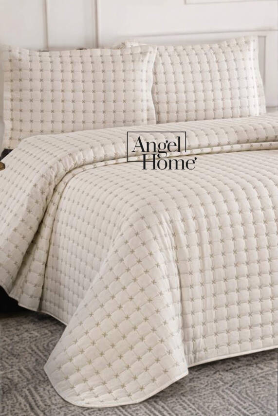 Yıldız İşlemeli Çift Kişilik Yatak Örtüsü 240x260 cm - Krem - 1
