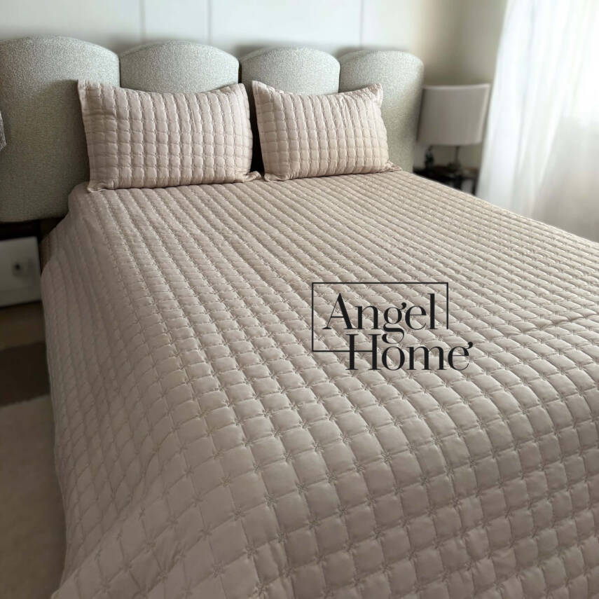 Yıldız İşlemeli Çift Kişilik Yatak Örtüsü 240x260 cm - Bej - 1